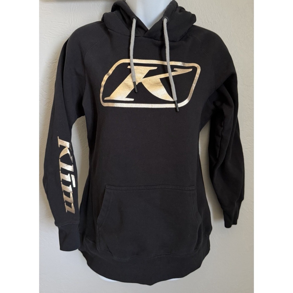 Klim Hoodie Womens Small Black Fleece Sweater Pullover Spell Out Gold Logo